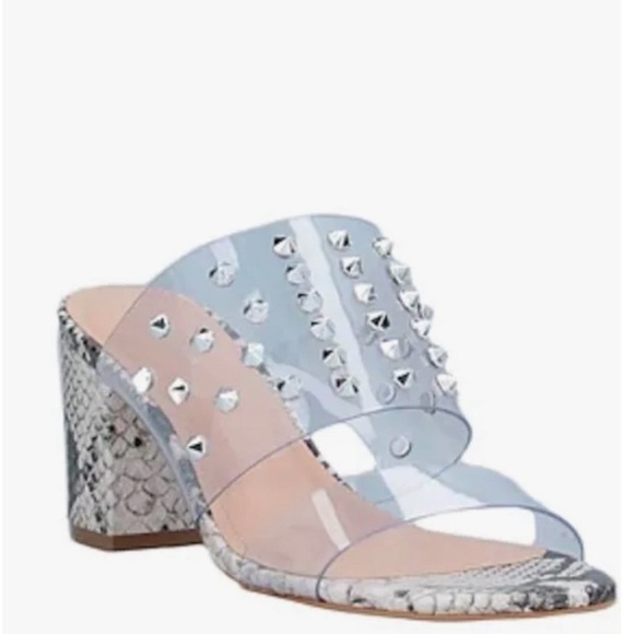 NEW Carvela Made in Brazil Studded Clear Snake Print Block Heel Slip On Sandals - Picture 1 of 13